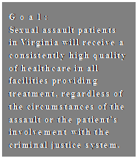 Text Box: Goal:  Sexual assault patients in Virginia will receive a consistently high quality of healthcare in all facilities providing treatment, regardless of the circumstances of the assault or the patient’s involvement with the criminal justice system.    